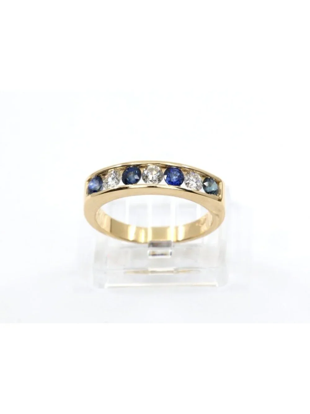 14K Solid Yellow Gold Sapphire Diamond Alternating Channel Set Wedding Band Ring